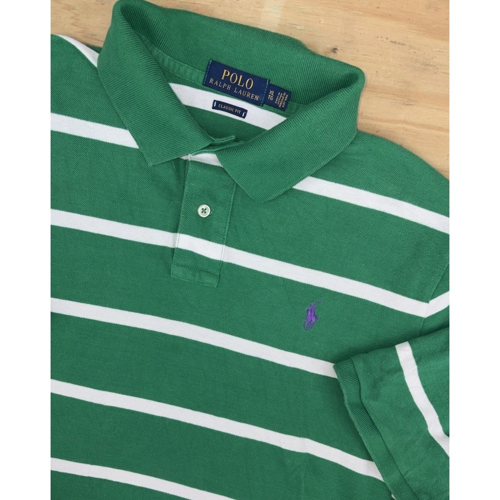 Polo Ralph Lauren Polo Shirt XL Green White Striped Mesh Knit Rugby Classic Fit